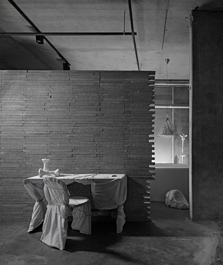 Move-in Showroom in Melbourne by Elenberg Fraser, via Yellowtrace. brick wall and wrapped furniture