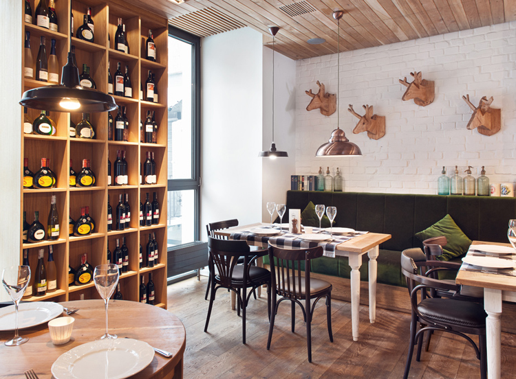 Althaus Restaurant by PB Studio and Filip Kozarski in Gdynia, Poland, via Yellowtrace. Althaus Restaurant, dining room, wine rack, timber ceiling