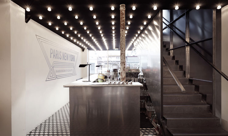 Paris New York Burger Restaurant by CUT architectures in Paris, via Yellowtrace. PNY restaurant ground floor, aluminium and marble bar, steel clad stair