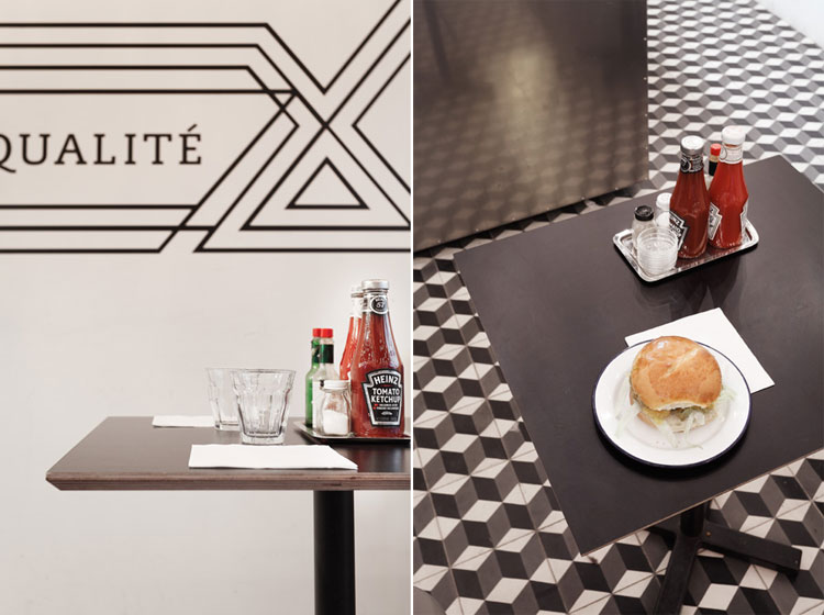 Paris New York Burger Restaurant by CUT architectures in Paris, via Yellowtrace. PNY wall graphic, cement floor tiles, black table tops