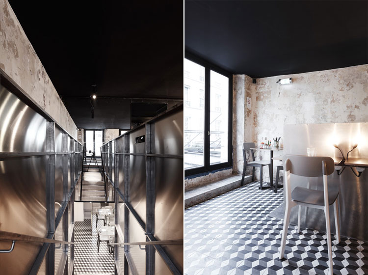 Paris New York Burger Restaurant by CUT architectures in Paris, via Yellowtrace. steel stair detail and upstairs dining room