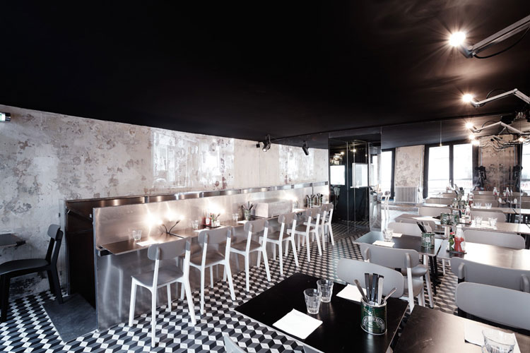 Paris New York Burger Restaurant by CUT architectures in Paris, via Yellowtrace. PNY upstairs dining room, black ceiling, uplighting, cement floor tiles