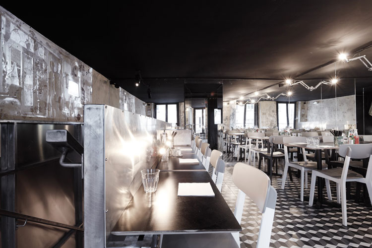 Paris New York Burger Restaurant by CUT architectures in Paris, via Yellowtrace. PNY upstairs dining room with large mirror wall