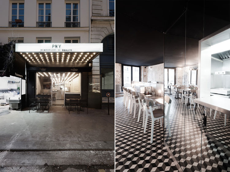 Paris New York Burger Restaurant by CUT architectures in Paris, via Yellowtrace. PNY entry awning and shopfront, upstairs dining room