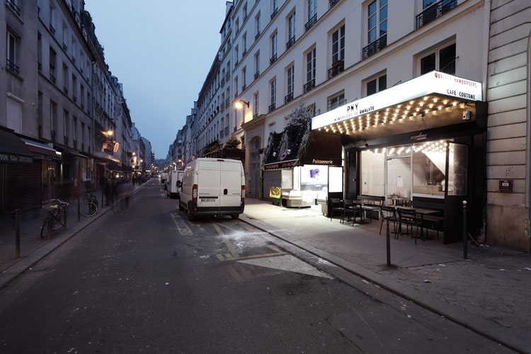 Paris New York Burger Restaurant by CUT architectures in Paris, via Yellowtrace. PNY burger restaurant street view of entry awning and shopfront