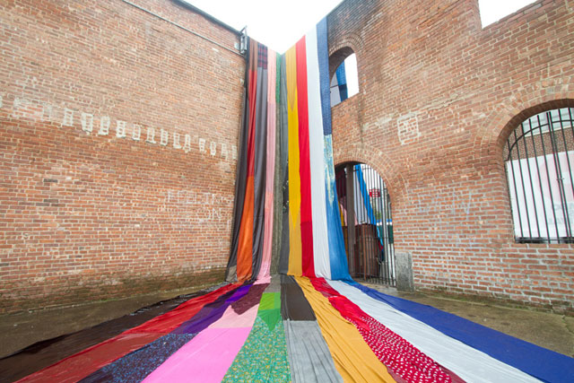 Textile Installations by American artist Amanda Browder, via Yellowtrace. Hello Niagara by Amanda Browder, textile installation, colour, stripes