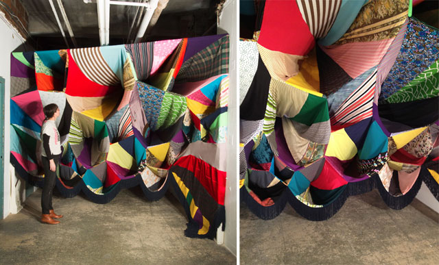 Textile Installation Art by American artist Amanda Browder, via Yellowtrace. Prismatic Vortex by Amanda Browder, textile installation, patchwork pattern and colour