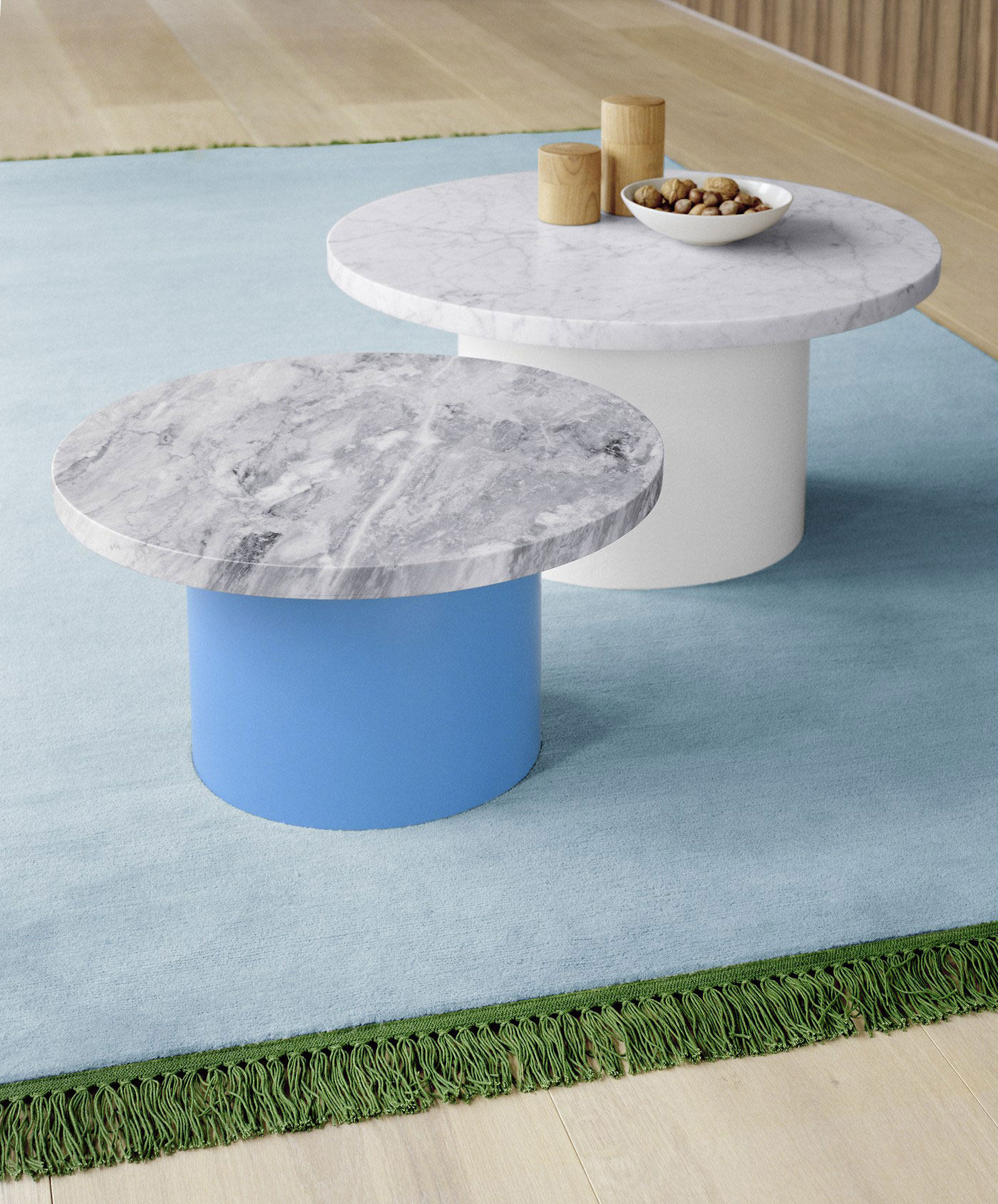 Enoki side tables with marble tops by Philipp Mainzer for e15 | Yellowtrace.